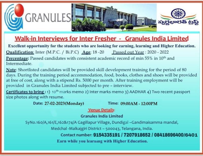 [Freshers] Granules India Walk-In on 27th Feb' 2023