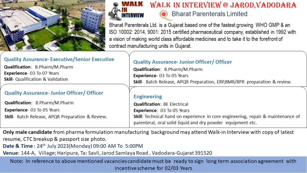 Bharat Parenterals Limited – Walk-In Interviews on 24th July’ 2023